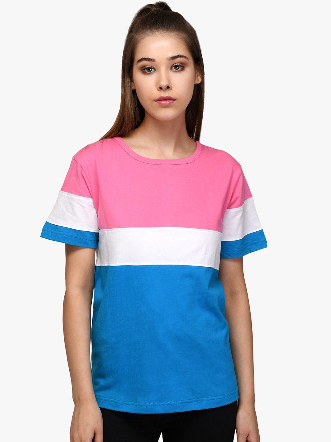 kotty-women-blue-&-pink-colourblocked-round-neck-t-shirt