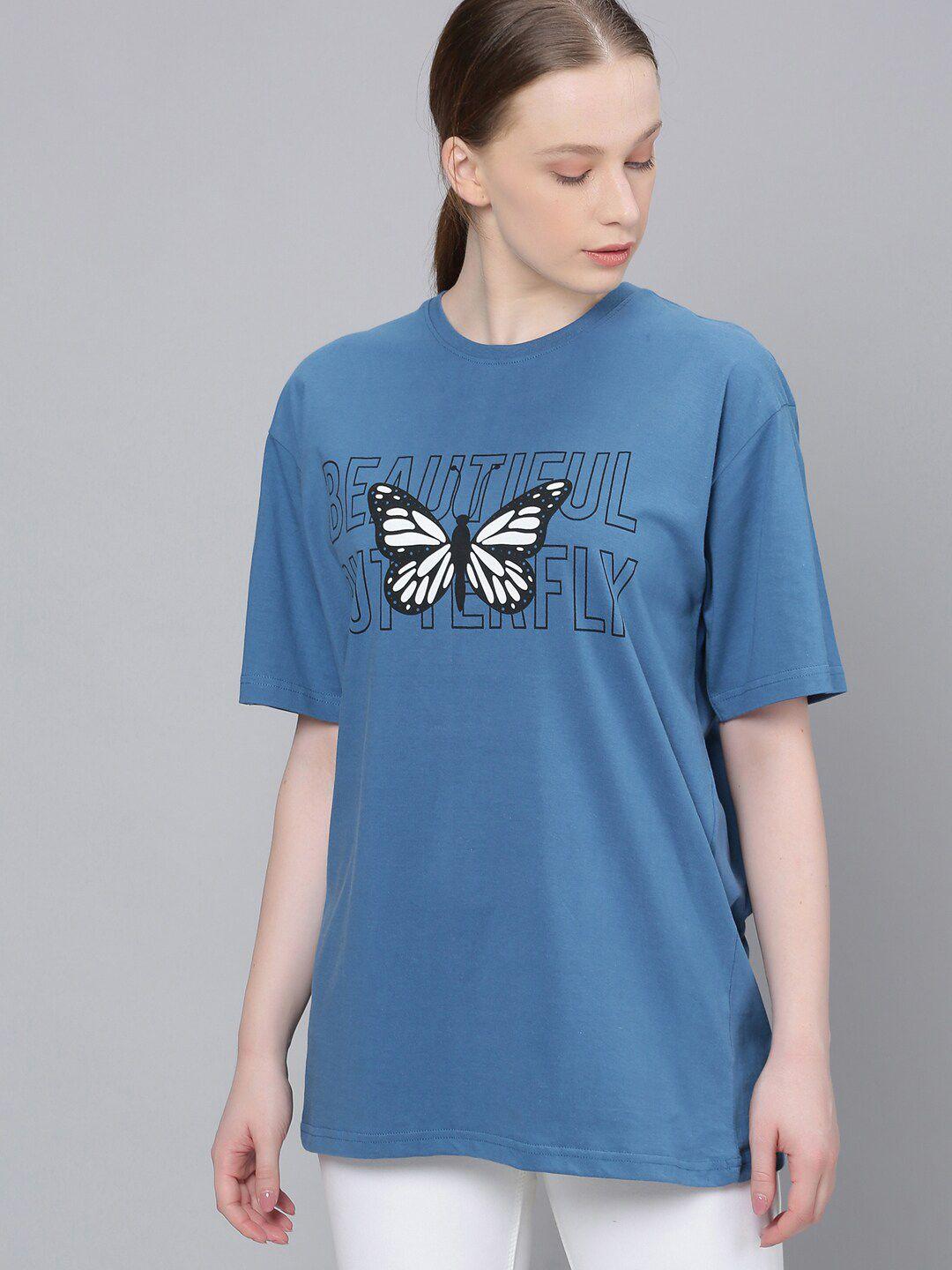 dillinger-women-blue-printed-round-neck-oversized-pure-cotton-t-shirt