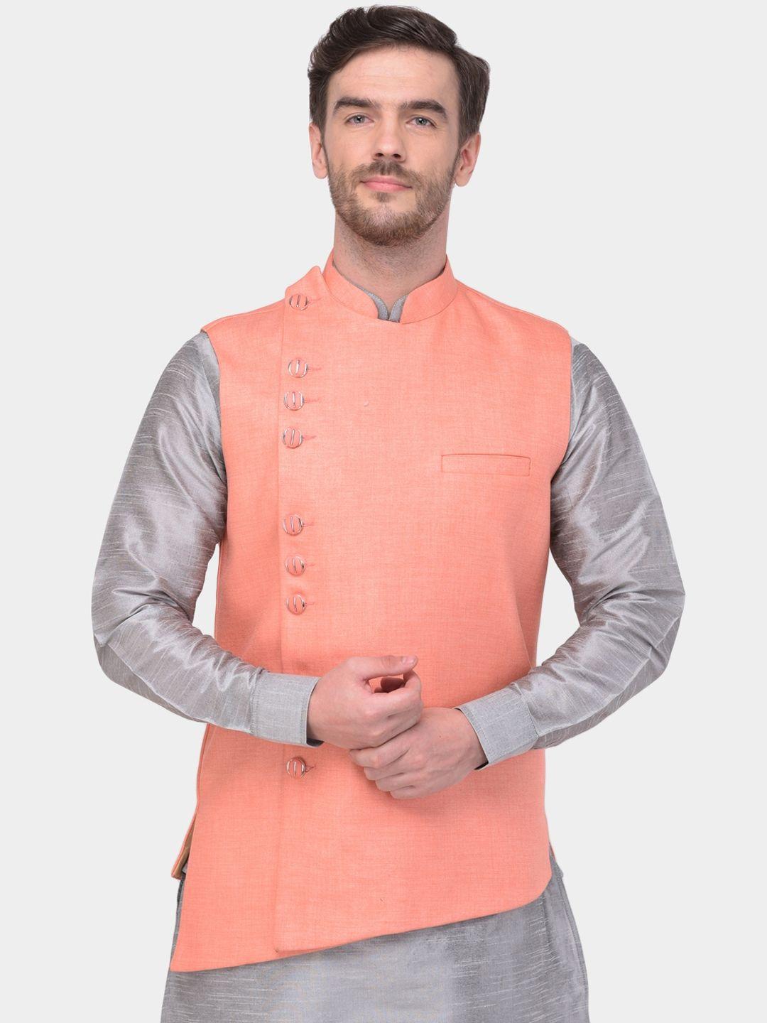 sg-leman-men-peach-coloured-solid-satin-nehru-jacket