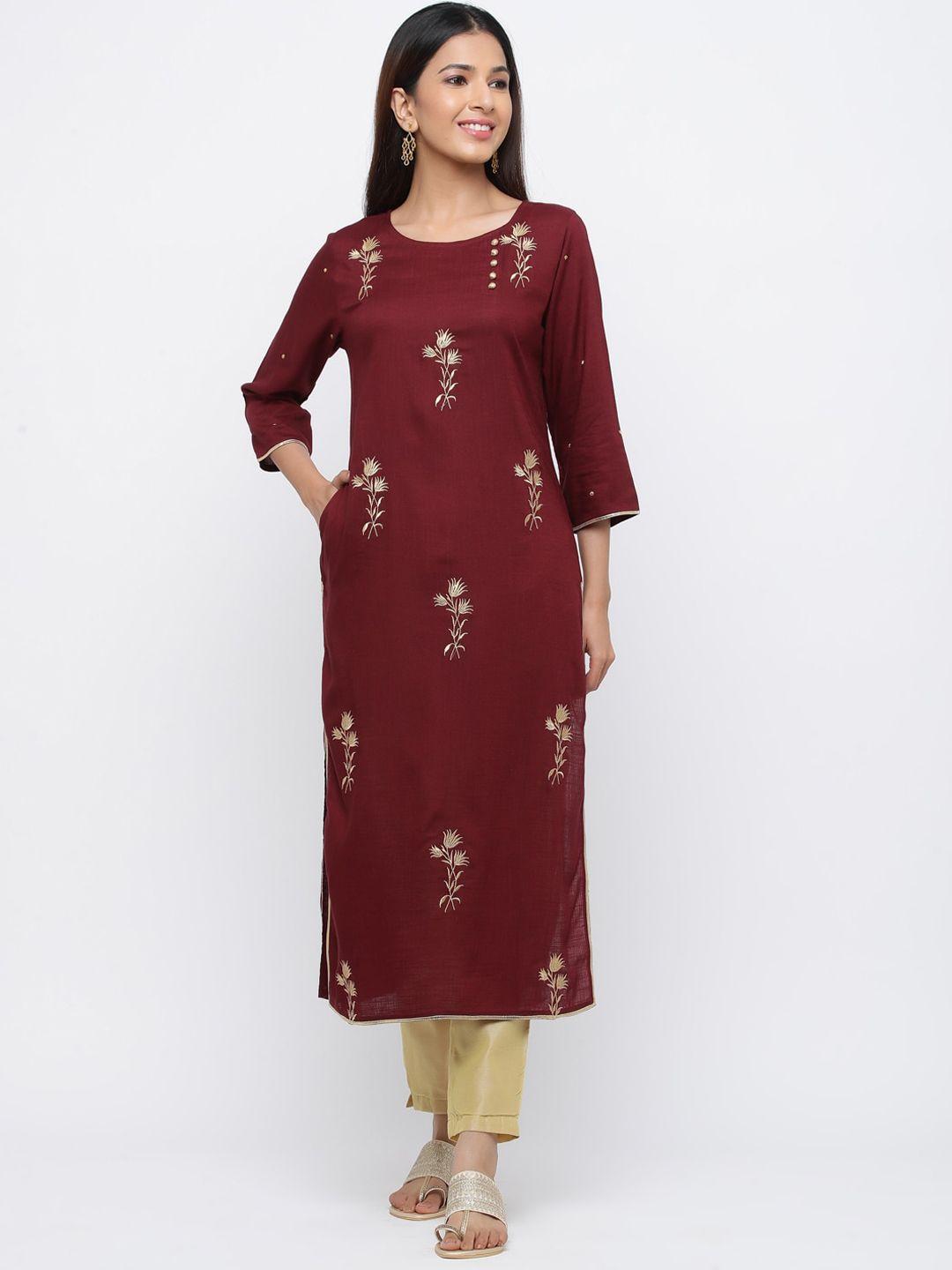 jaipur-kurti-women-maroon-embroidered-straight-kurta