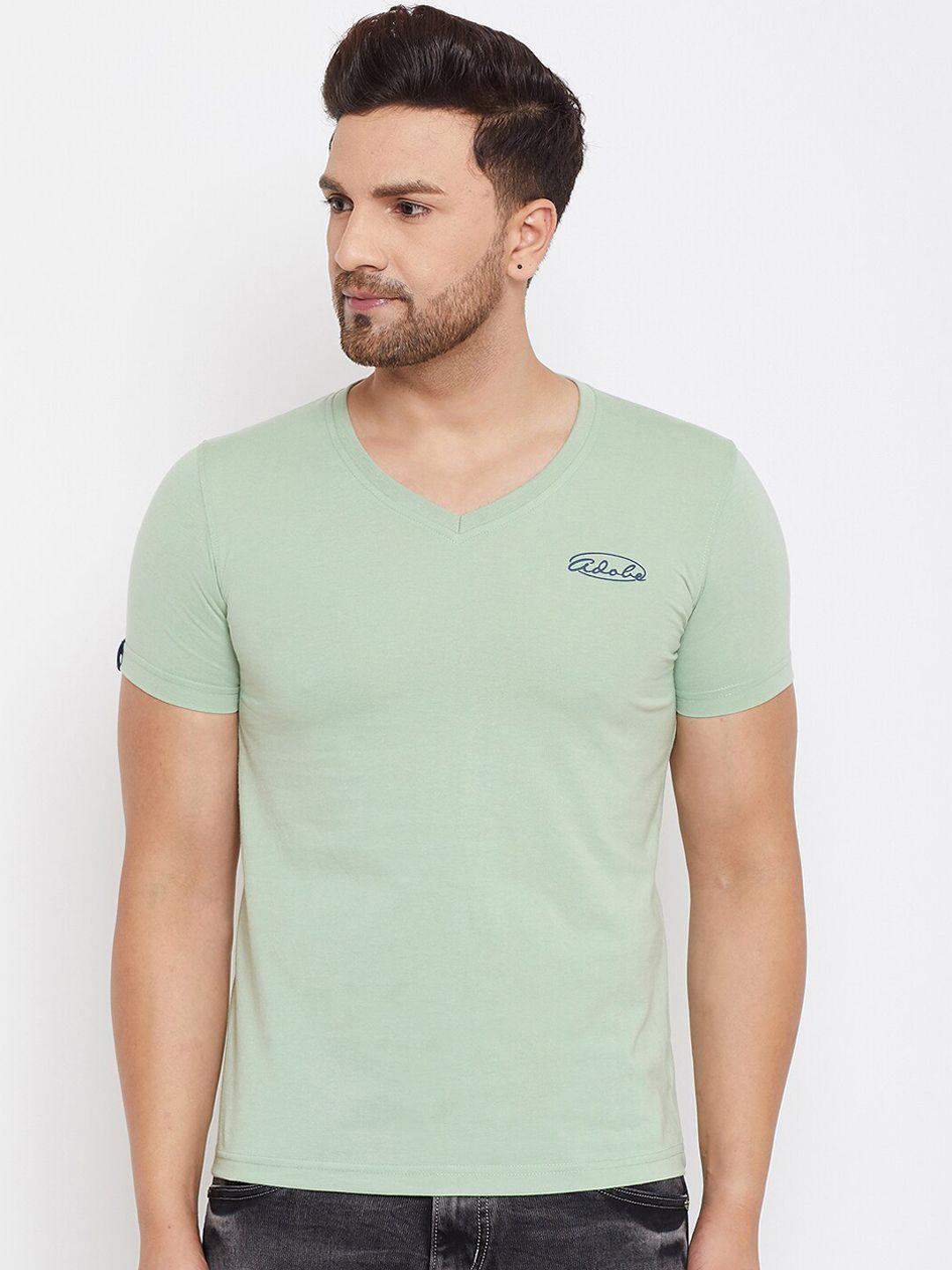 adobe-men-sea-green-solid-v-neck-t-shirt