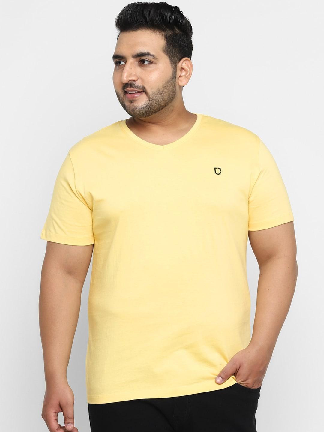 urbano-plus-men-yellow-solid-v-neck-pure-cotton-t-shirt