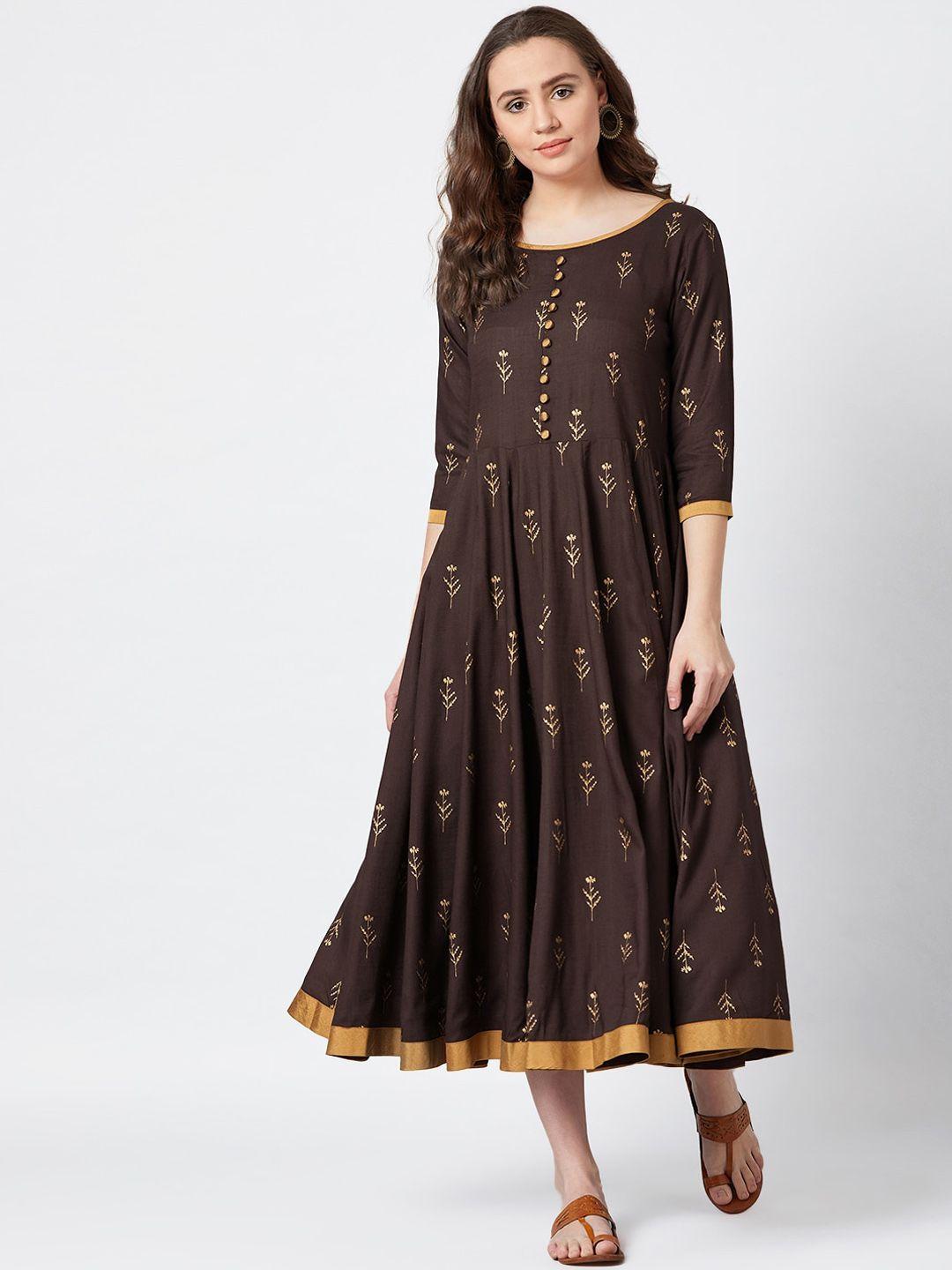 panit-women-brown-foil-printed-ethnic-a-line-dress