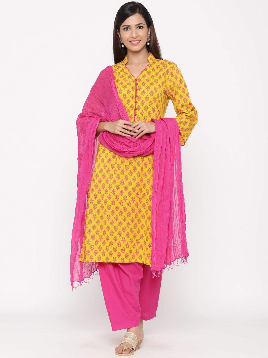 jaipur-kurti-women-yellow-&-pink-floral-printed-kurta-with-patiala-&-dupatta