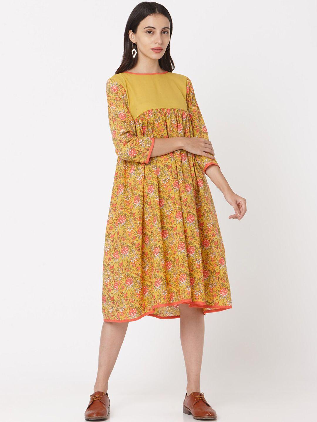 saanjh-women-yellow-printed-a-line-dress