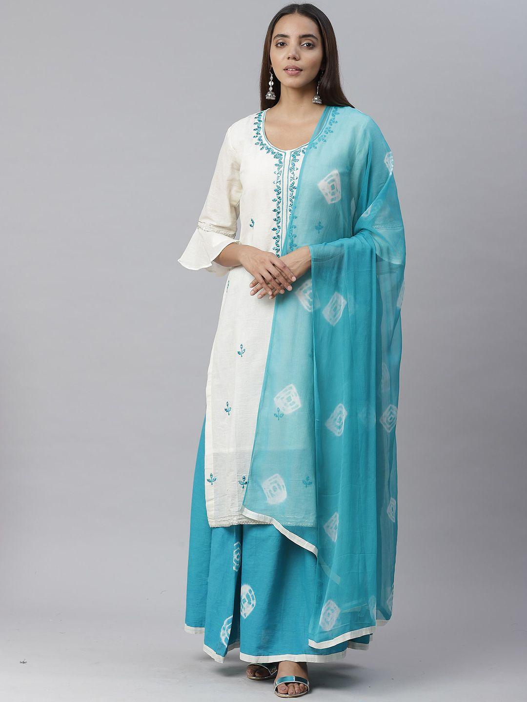 chhabra-555-women-cream-coloured-&-turquoise-blue-embroidered-kurta-with-palazzos-&-dupatta