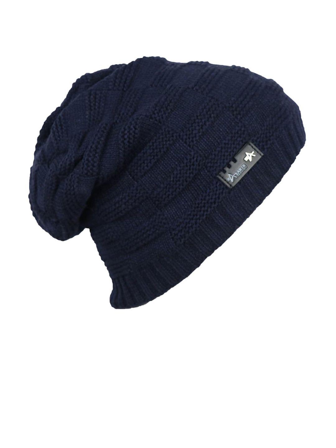 isweven-unisex-navy-blue-self-design-beanie-cap
