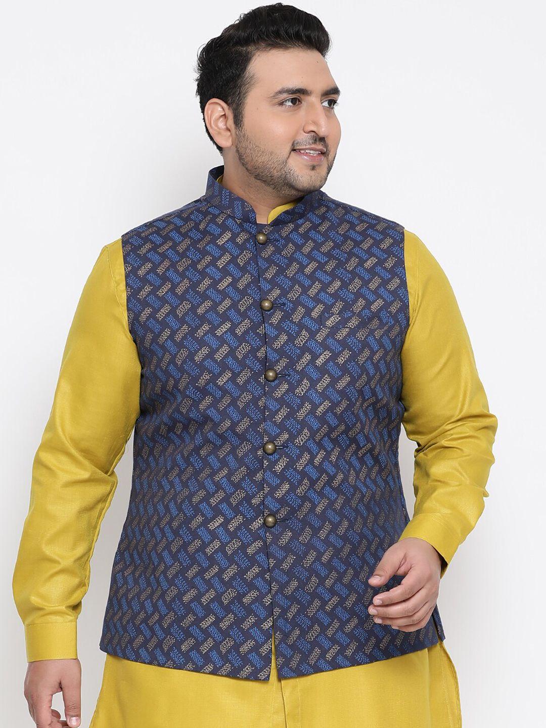 kisah-plus-men-navy-blue-&-brown-printed-woven-nehru-jacket