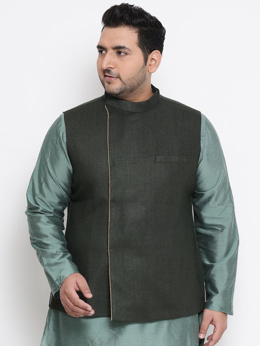 kisah-plus-men-green-woven-design-nehru-jacket