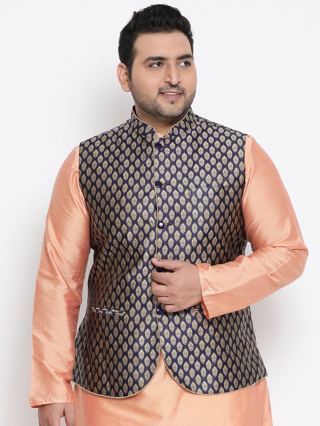 kisah-plus-men-black-&-gold-coloured-woven-design-nehru-jacket