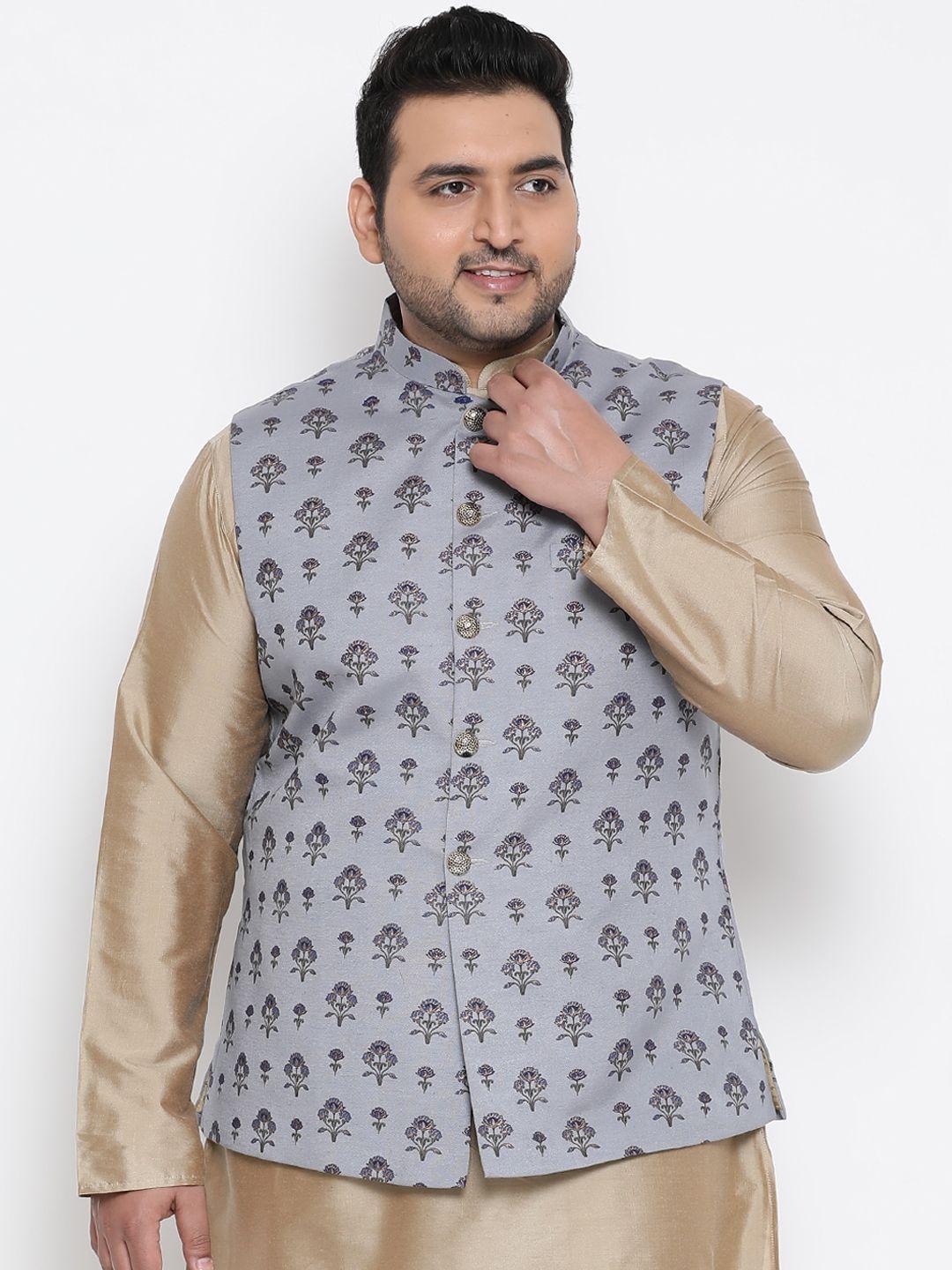 kisah-plus-men-grey-&-beige-printed-woven-nehru-jacket