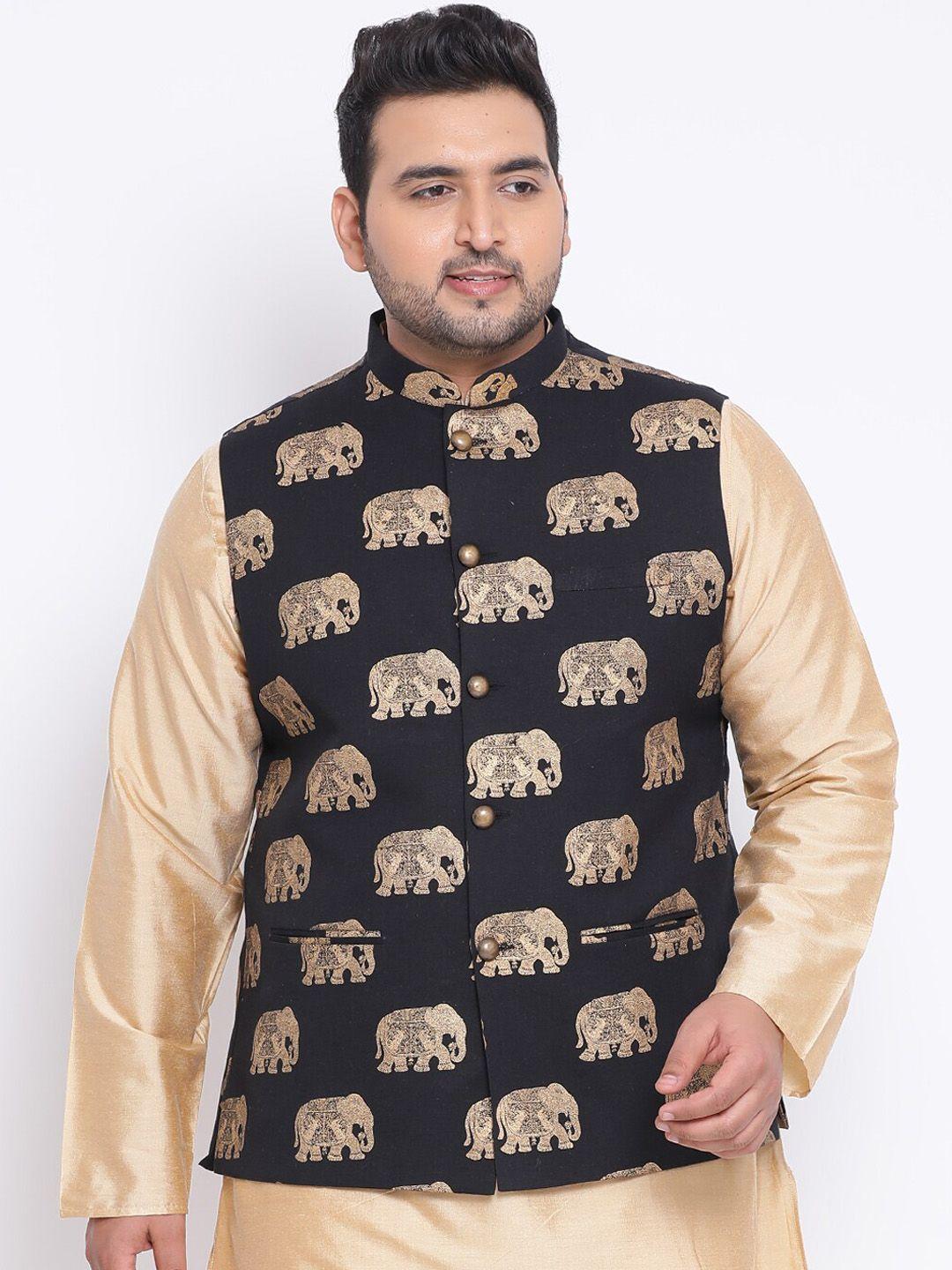 kisah-plus-men-black-&-beige-printed-nehru-jacket