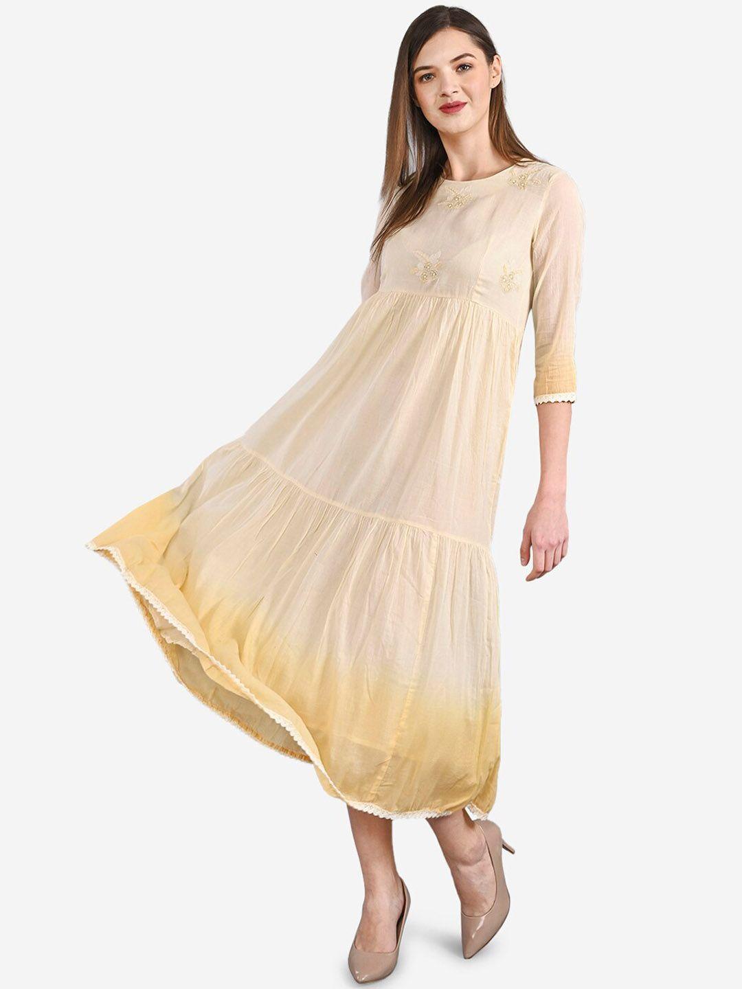 be-indi-women-beige-self-design-a-line-dress
