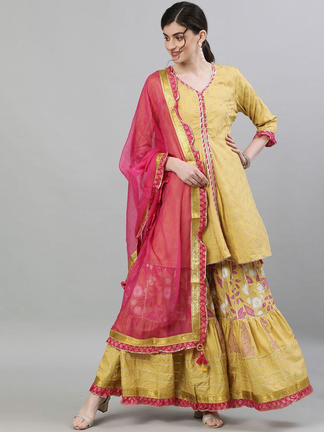 ishin-women-mustard-&-pink-printed-kurti-with-sharara-&-dupatta