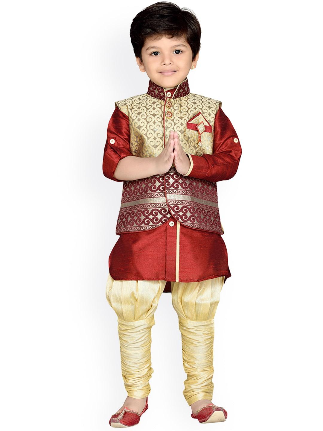 aj-dezines-boys-maroon-&-beige-solid-kurta-with-pyjamas-and-nehru-jacket