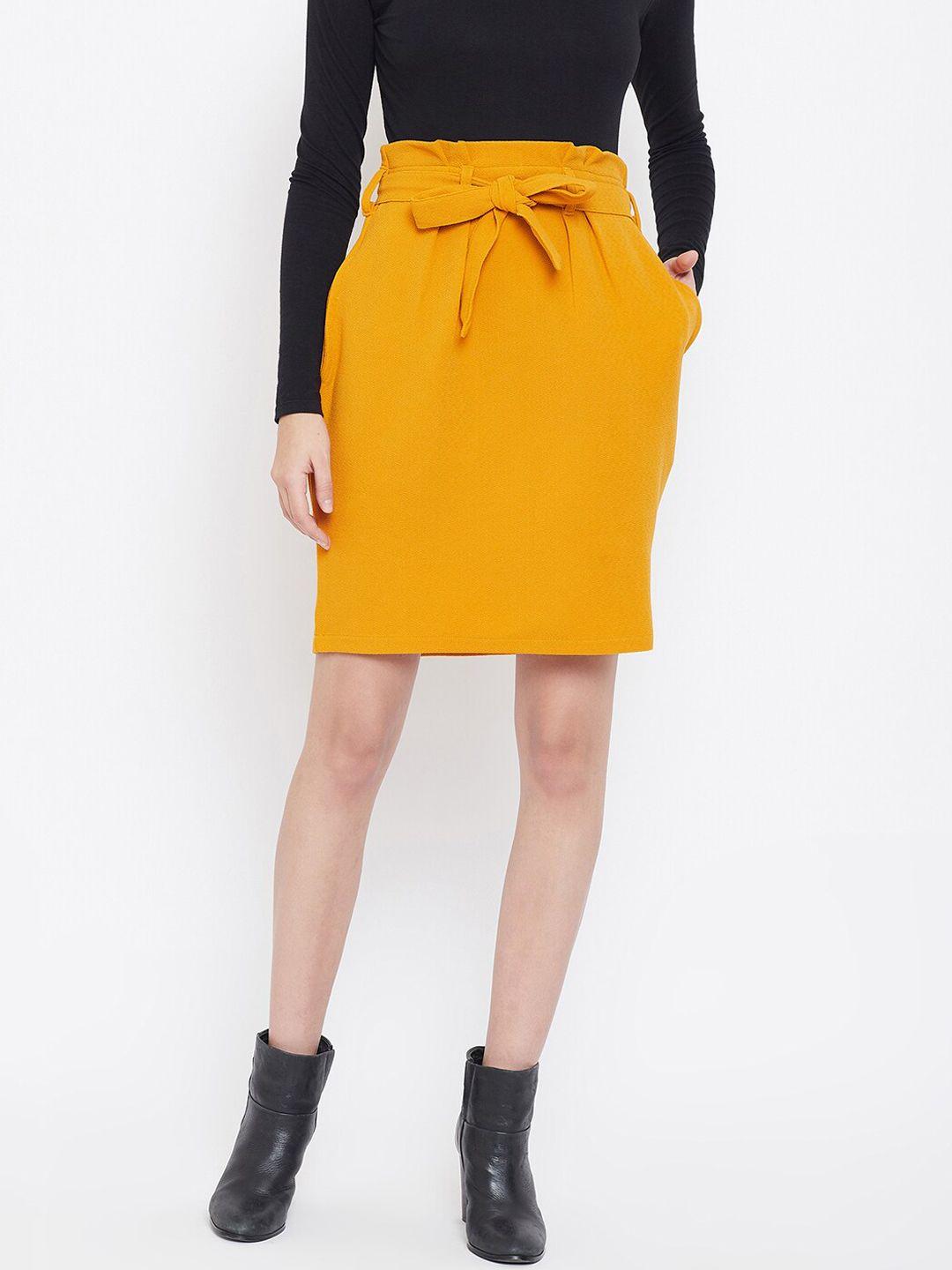 zastraa-women-mustard-yellow-solid-a-line-ankle-length-skirt-with-belt