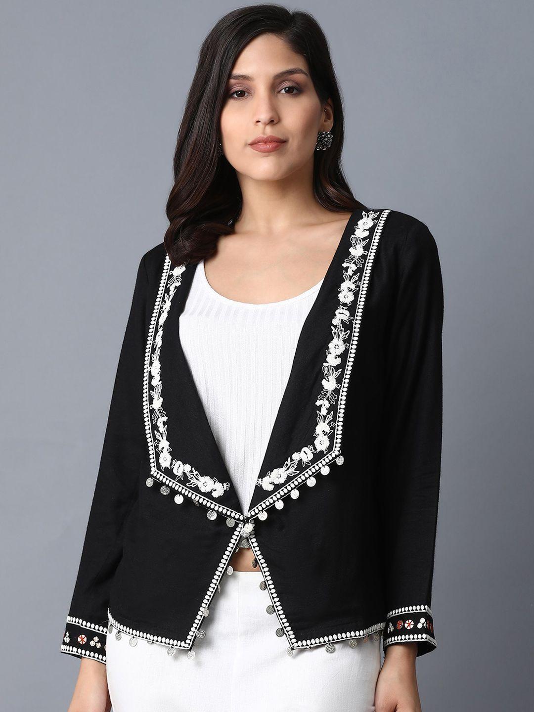 w-women-black-printed-open-front-jacket