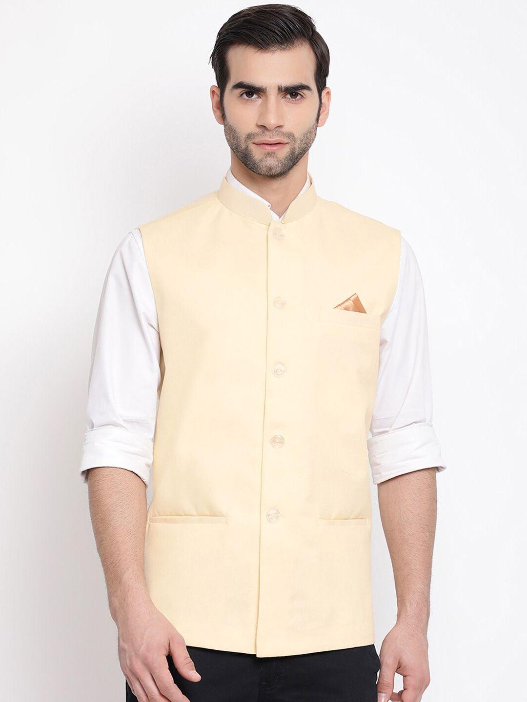 vastramay-men-cream-coloured-solid-slim-fit-woven-nehru-jacket