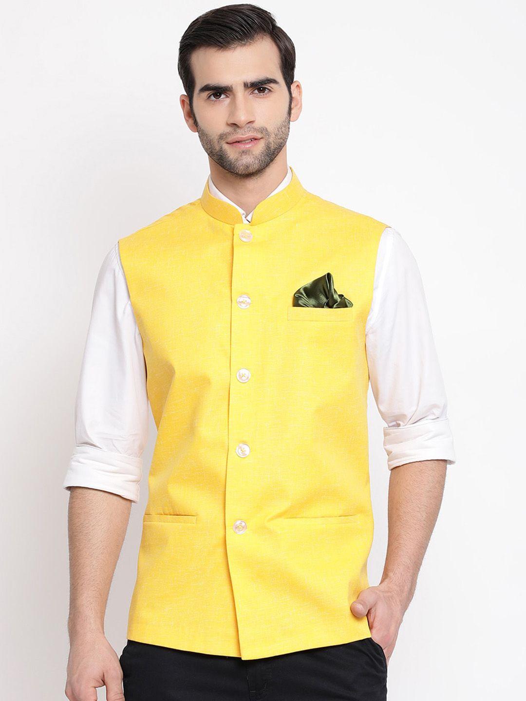 vastramay-men-yellow-&-white-woven-design-slim-fit-nehru-jacket