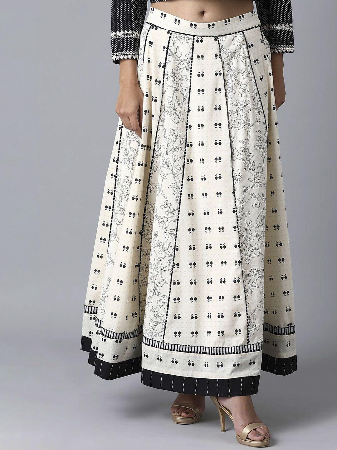w-women-off-white-&-black-printed-flared-maxi-skirt