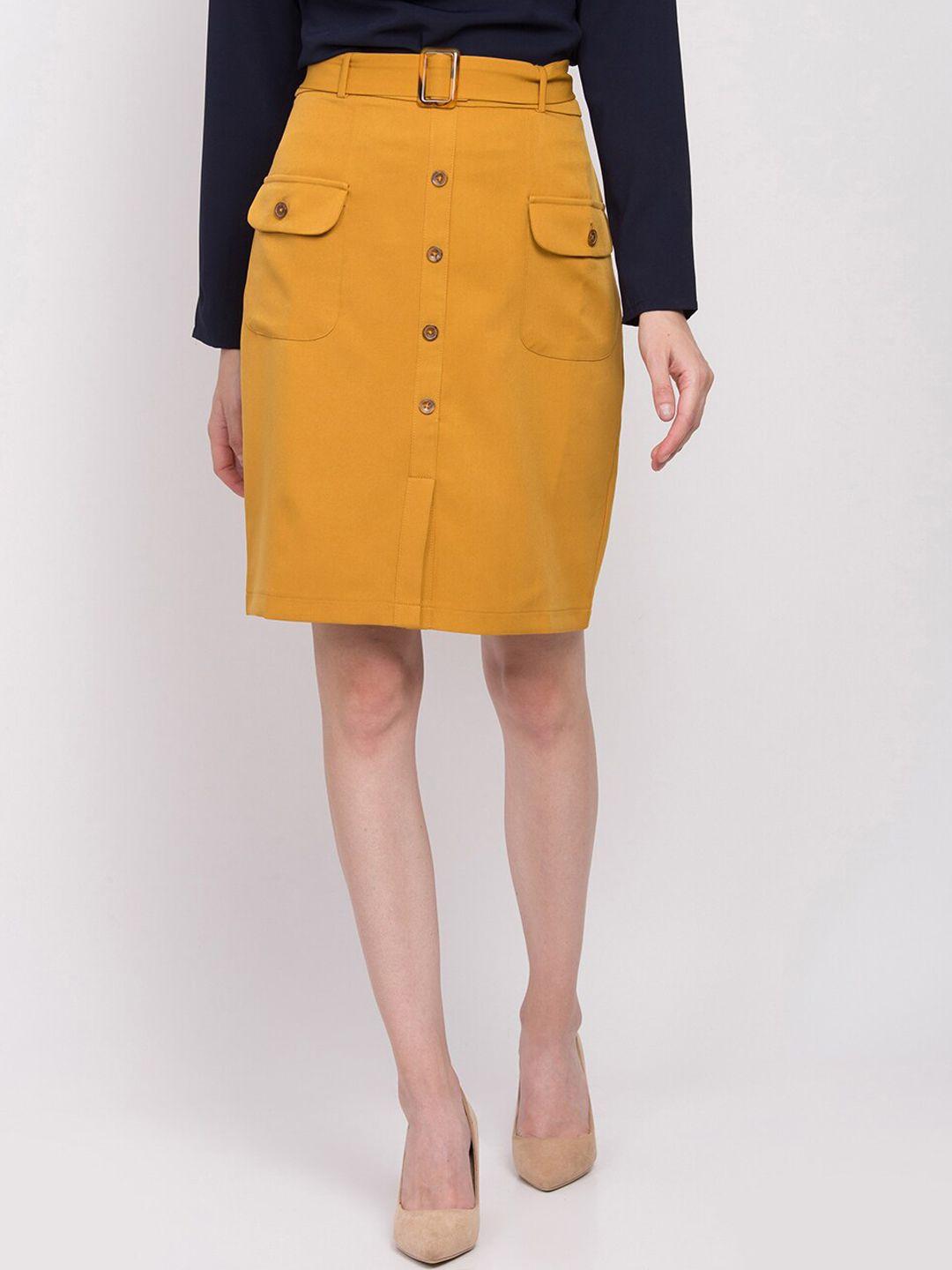 zoella-women-mustard-yellow-solid-knee-length-skirt