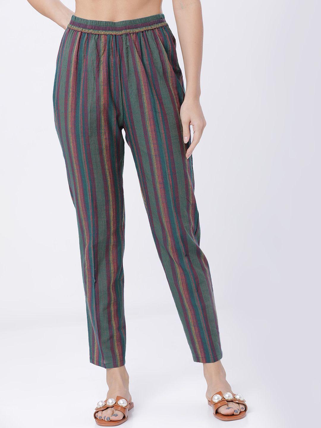 vishudh-women-green-&-pink-striped-peg-trousers
