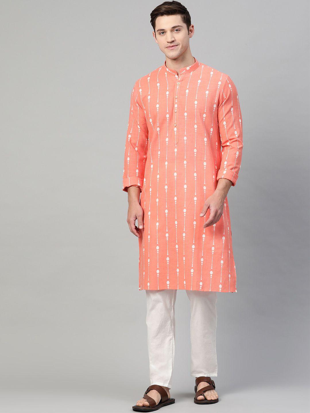 see-designs-men-peach-coloured-&-white-self-design-kurta-with-pyjamas