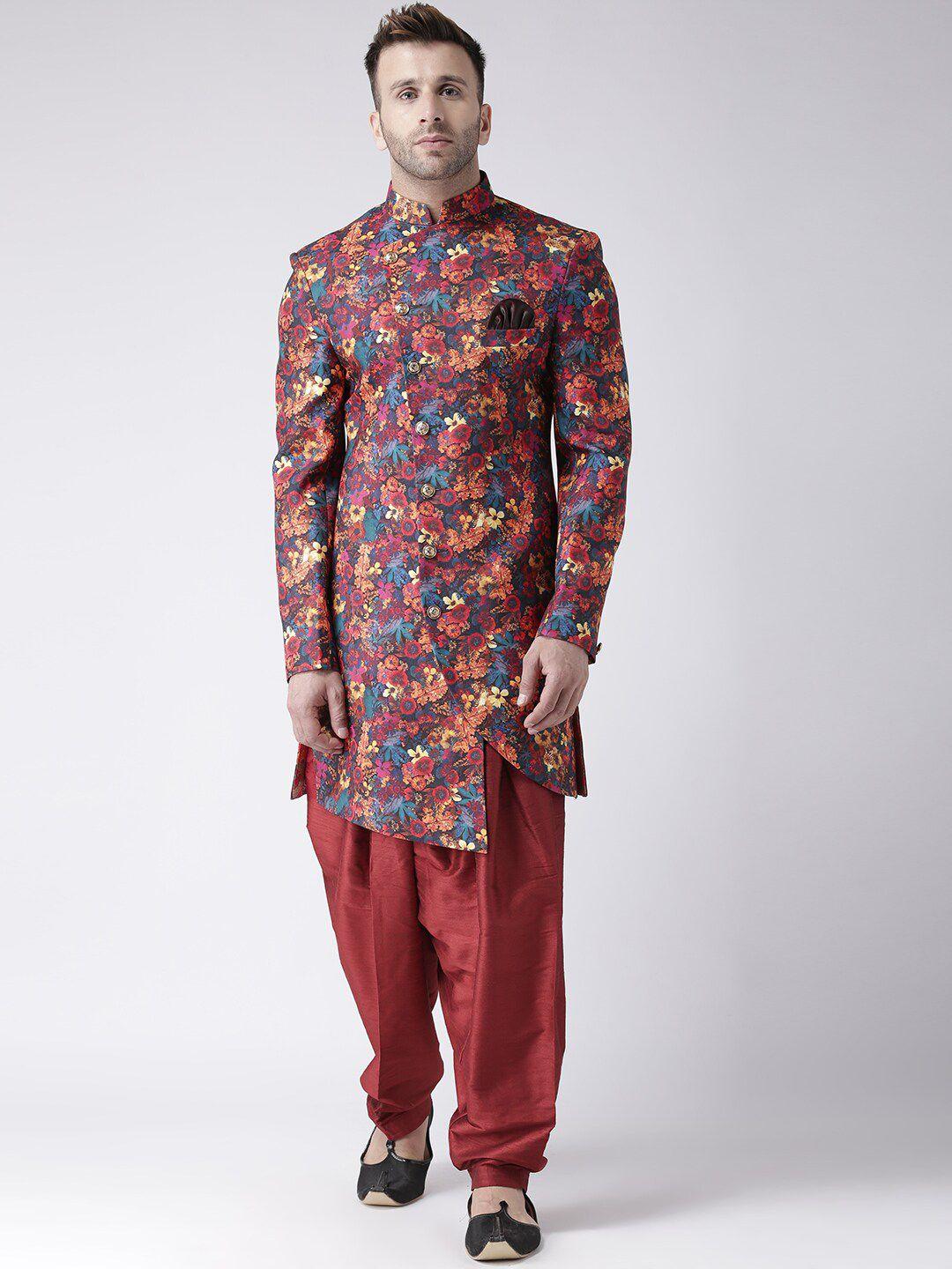 hangup-men-red-&-maroon-printed-sherwani-set