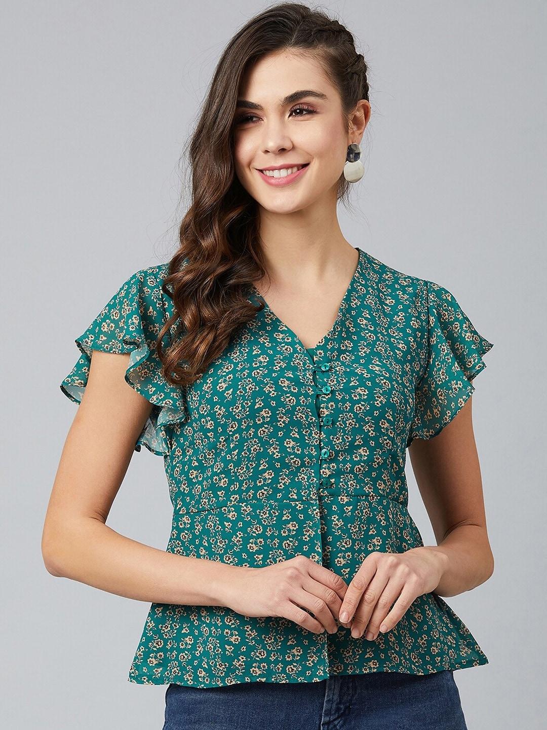 carlton-london-green-floral-printed-flutter-sleeves-georgette-top