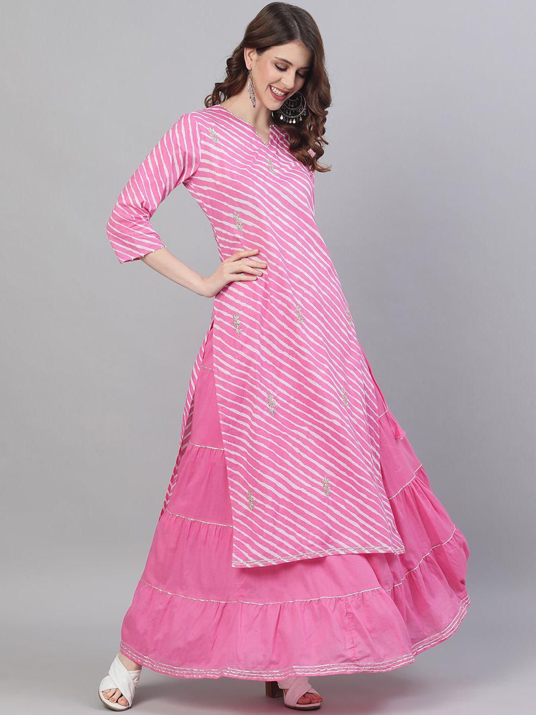 ishin-women-pink-leheriya-printed-kurta-with-skirt