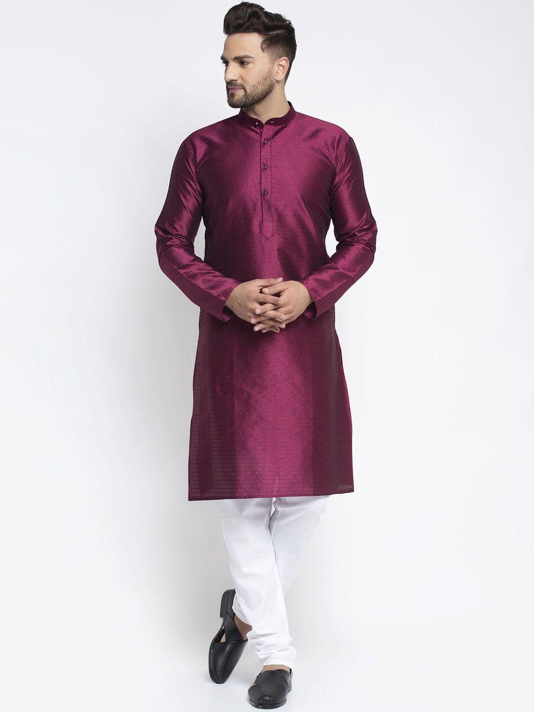 jompers-men-purple-&-white-woven-design-kurta-with-pyjamas