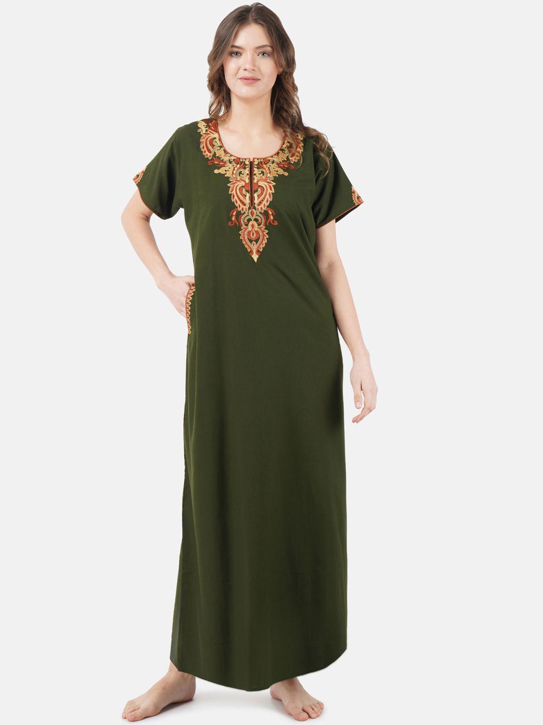 koi-sleepwear-olive-green-&-beige-embroidered-lissybissy-cotton-maxi-nightdress