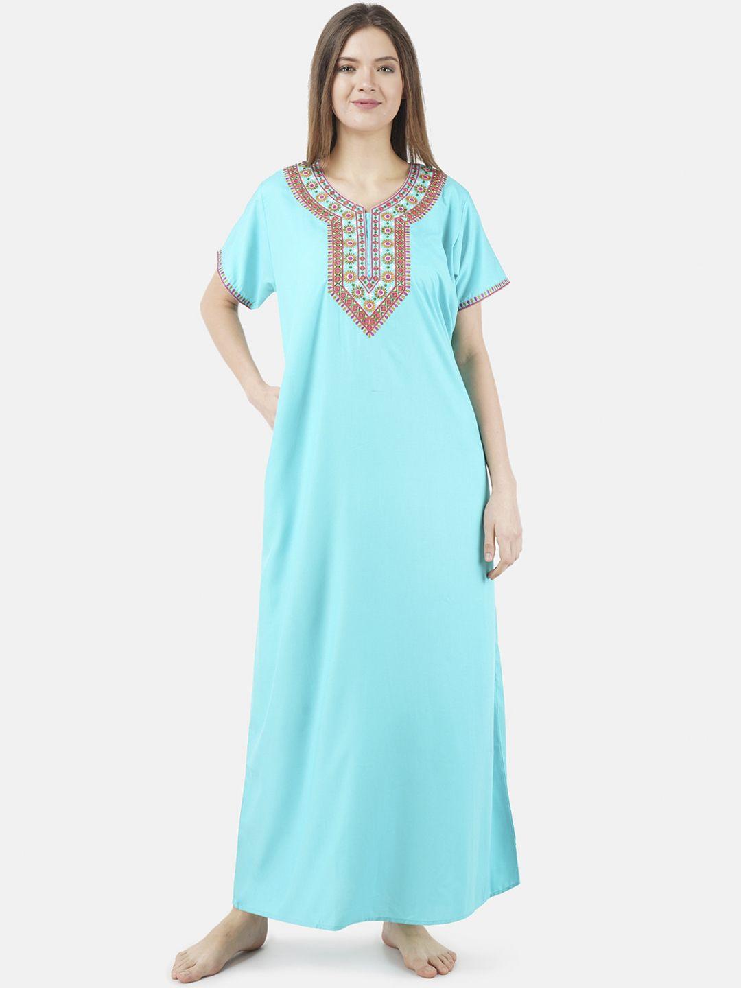 koi-sleepwear-woman-turquoise-blue-embroidered-cotton-maxi-nightdress