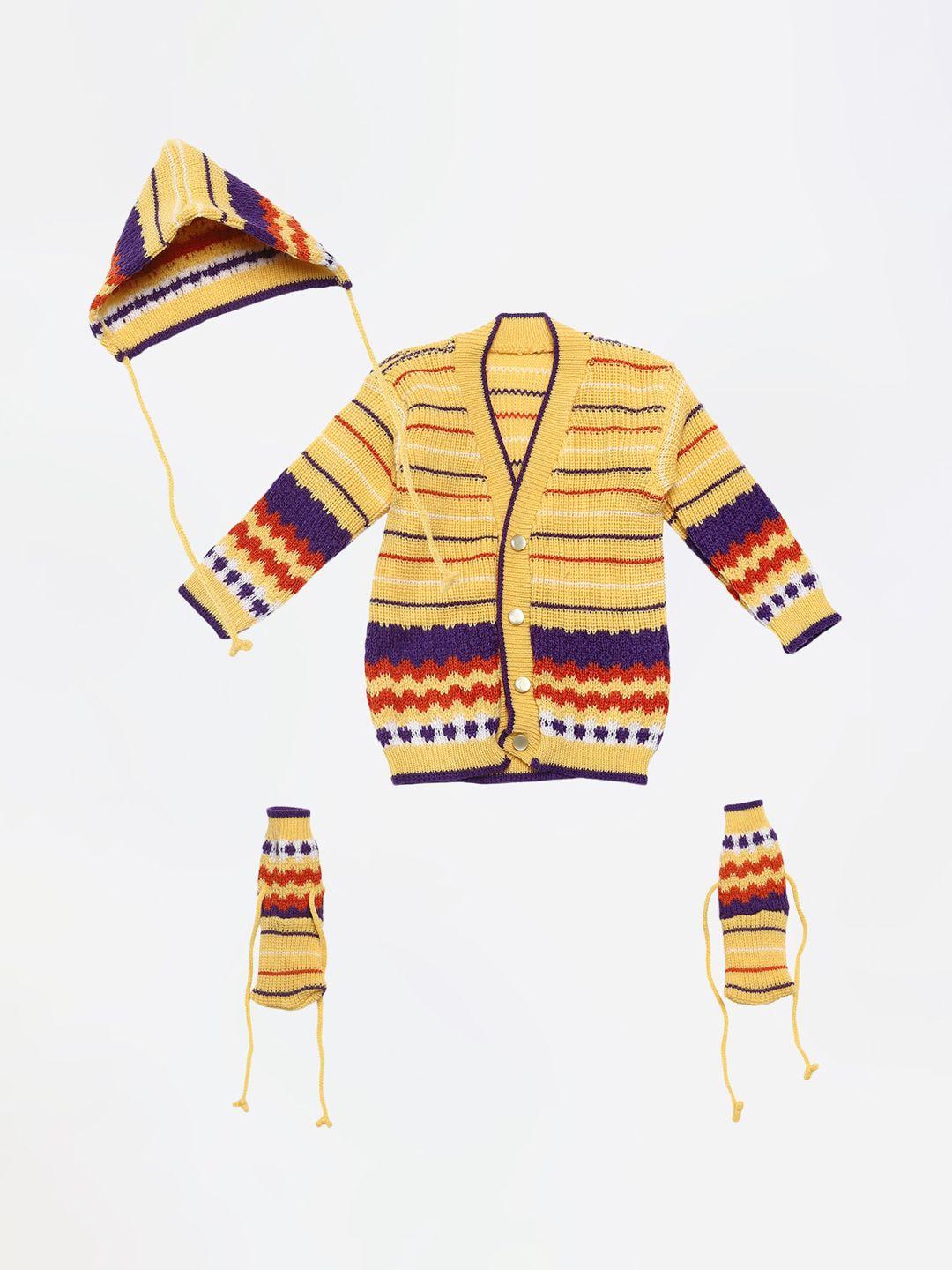fabnest-unisex-kids-yellow-striped-cardigan-sweater-with-cap-and-socks