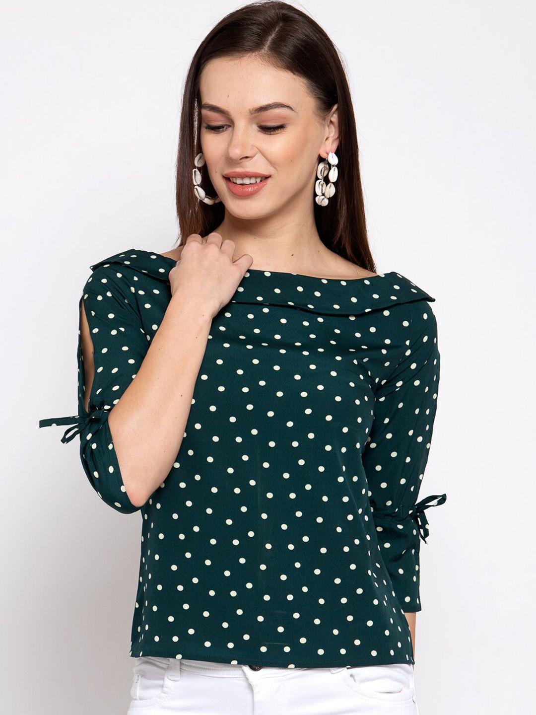 style-quotient-green-&-white-polka-dot-boat-neck-top