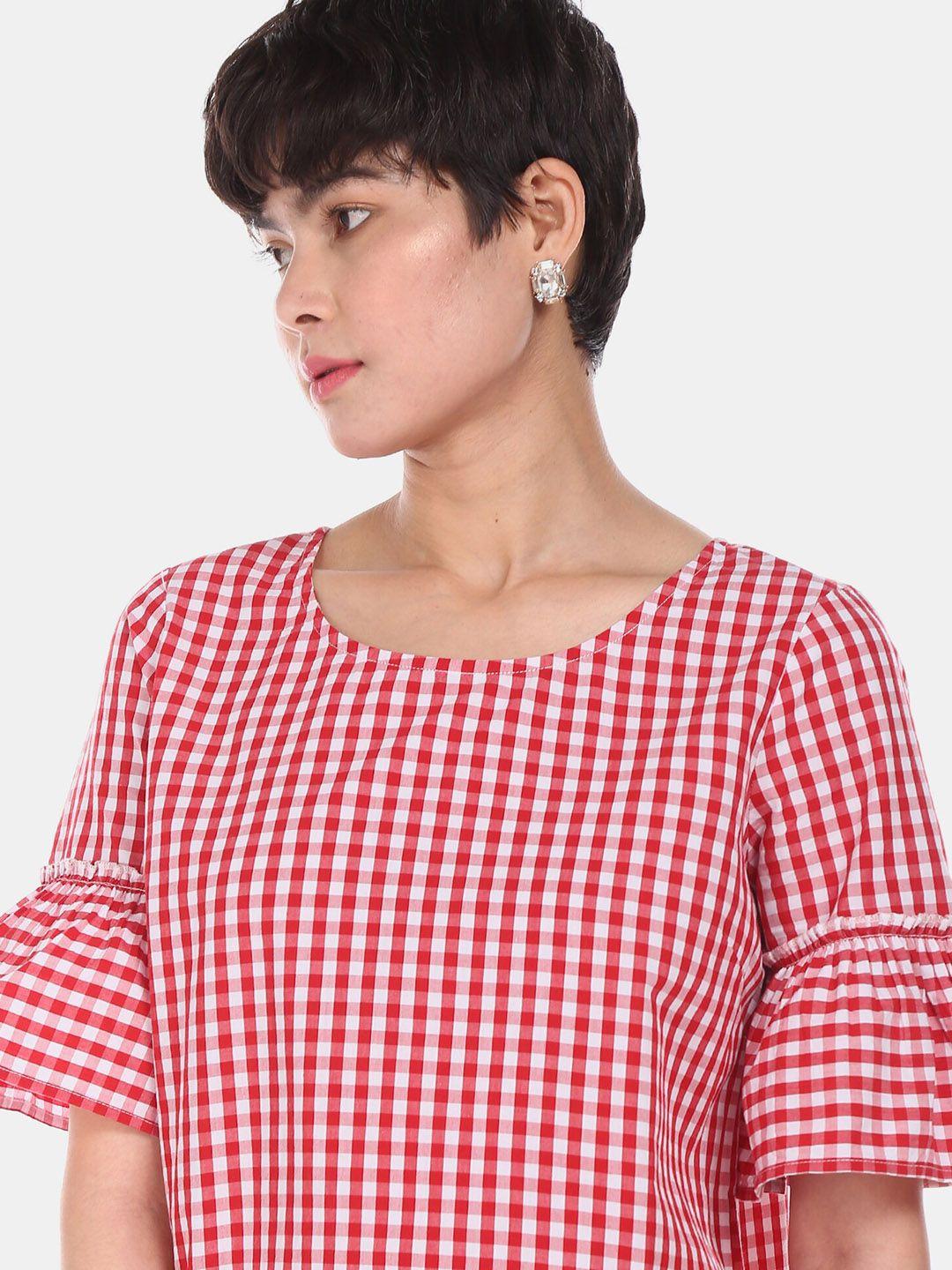 sugr-women-red-&-white-checked-round-neck-bell-sleeves-pure-cotton-top