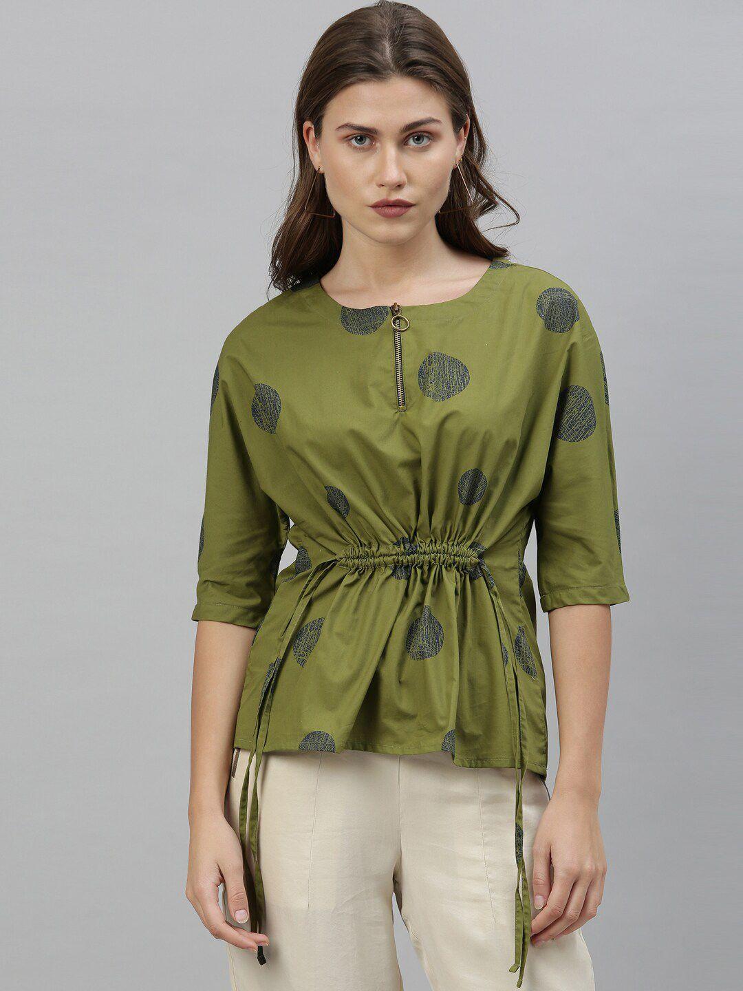 rareism-green-geometric-printed-cinched-waist-top