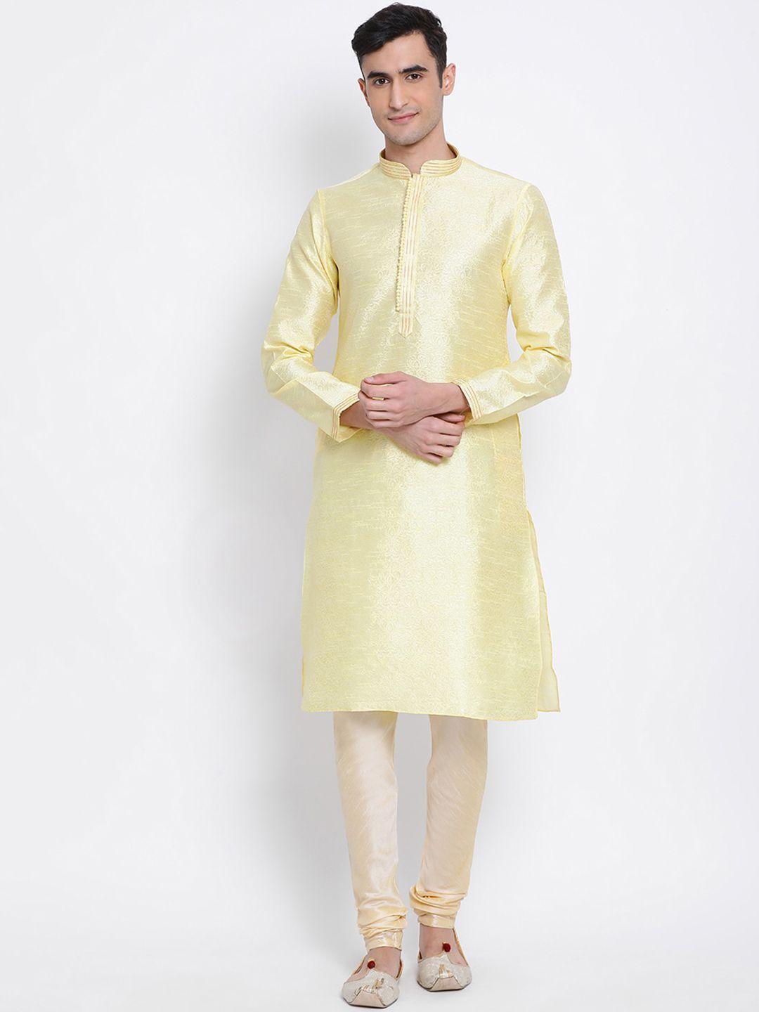 sanwara-men-yellow-&-beige-solid-kurta-with-churidar