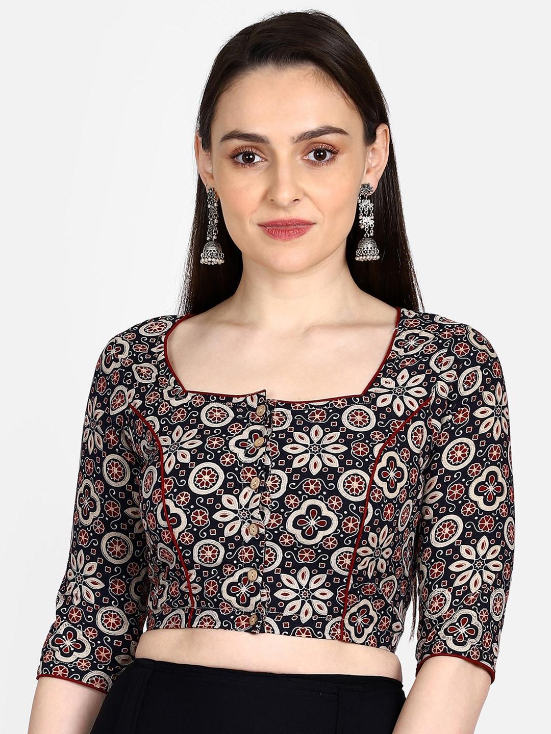the-weave-traveller-women-black-&-beige-ajrakh-hand-block-printed-sustainable-saree-blouse