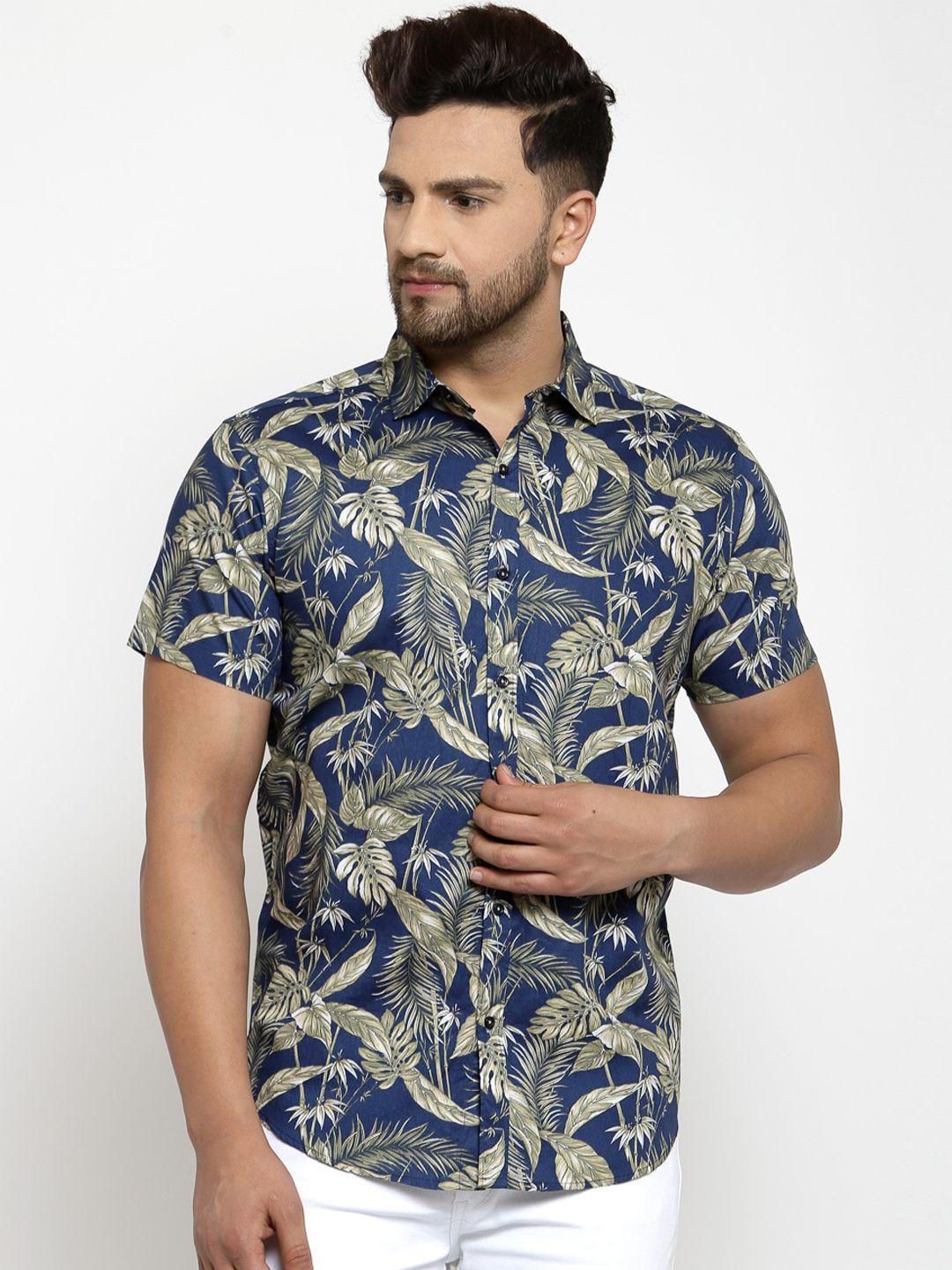 style-quotient-men-navy-blue-&-green-boxy-tropical-printed-casual-shirt