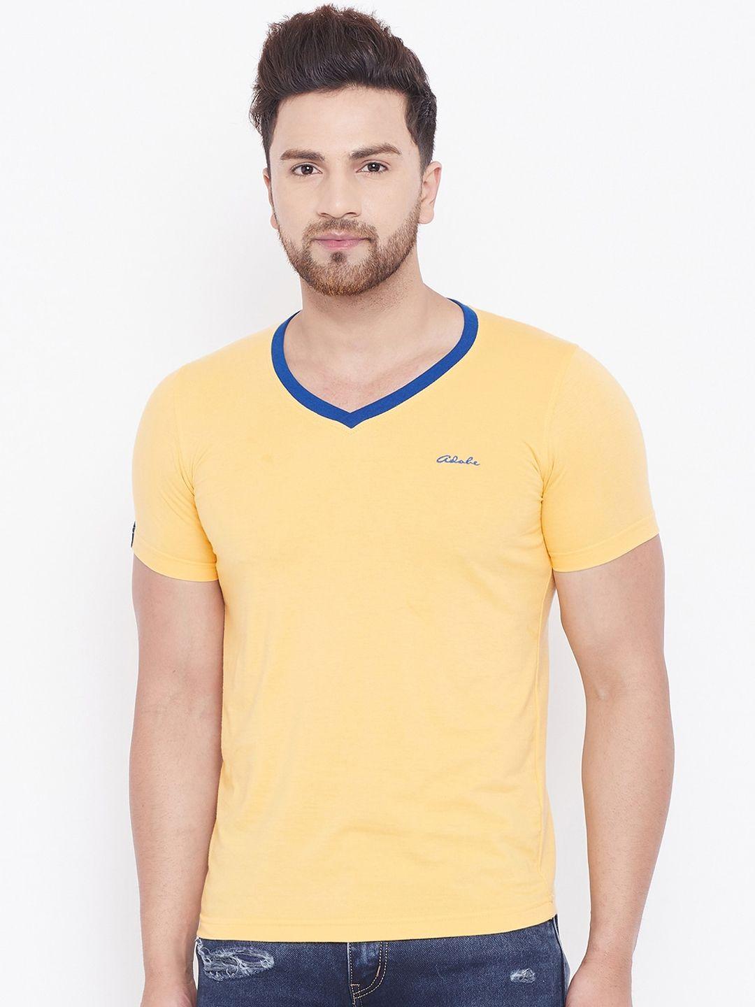 adobe-men-yellow-solid-v-neck-t-shirt