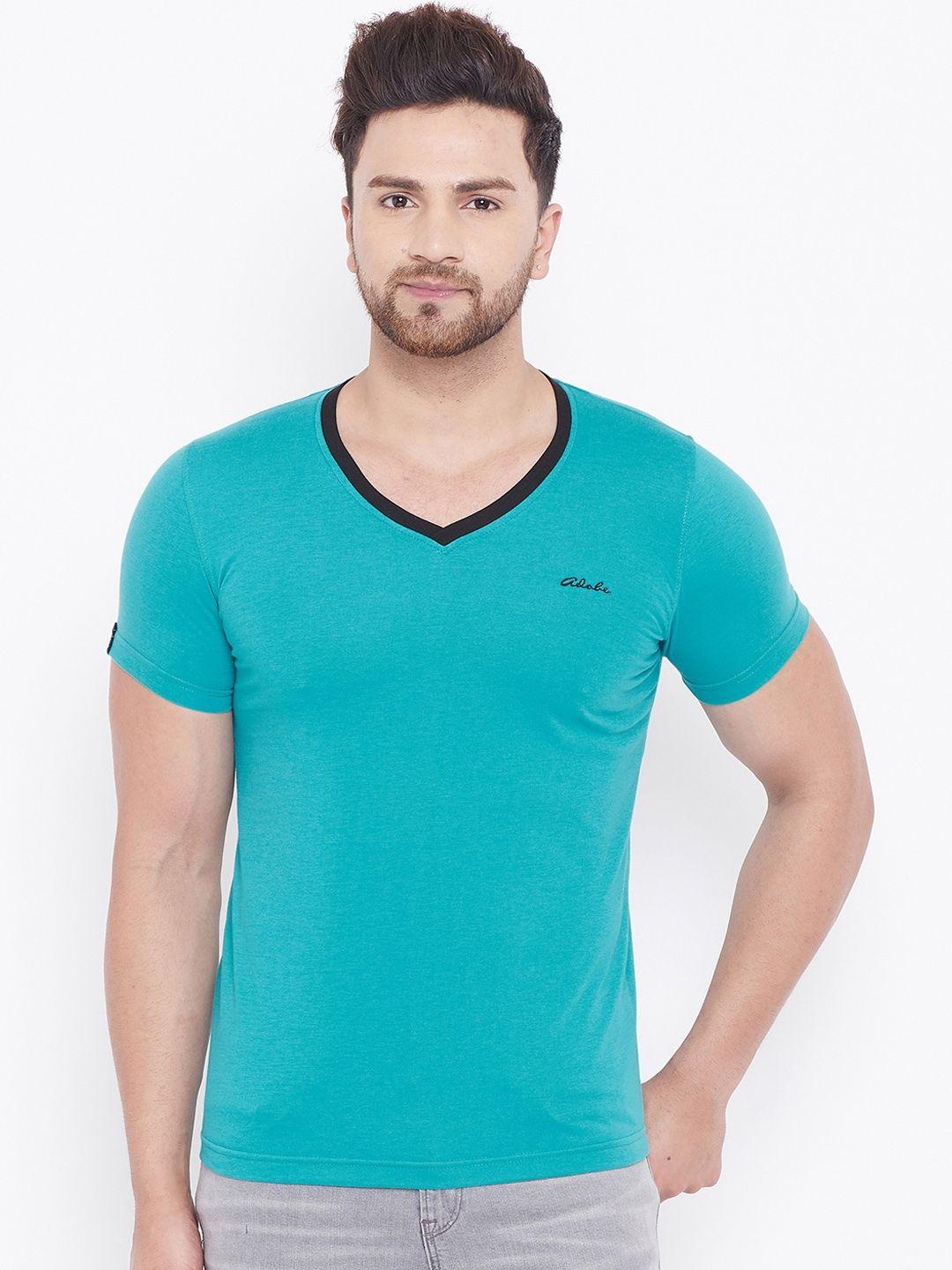 adobe-men-turquoise-blue-solid-v-neck-t-shirt