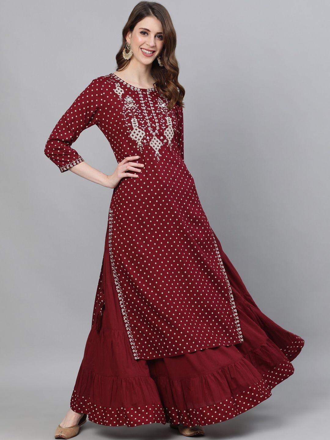 ishin-women-maroon-&-silver-ethnic-motifs-kurta-with-skirt