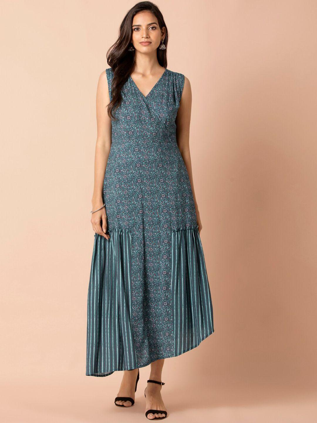 indya-teal-green-geometric-stripe-insert-asymmetric-hem-ethnic-maxi-dress