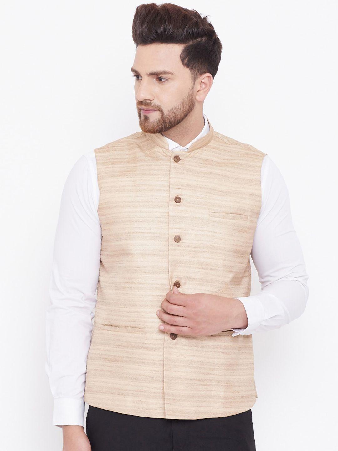 vastramay-men-beige-woven-design-slim-fit-nehru-jacket