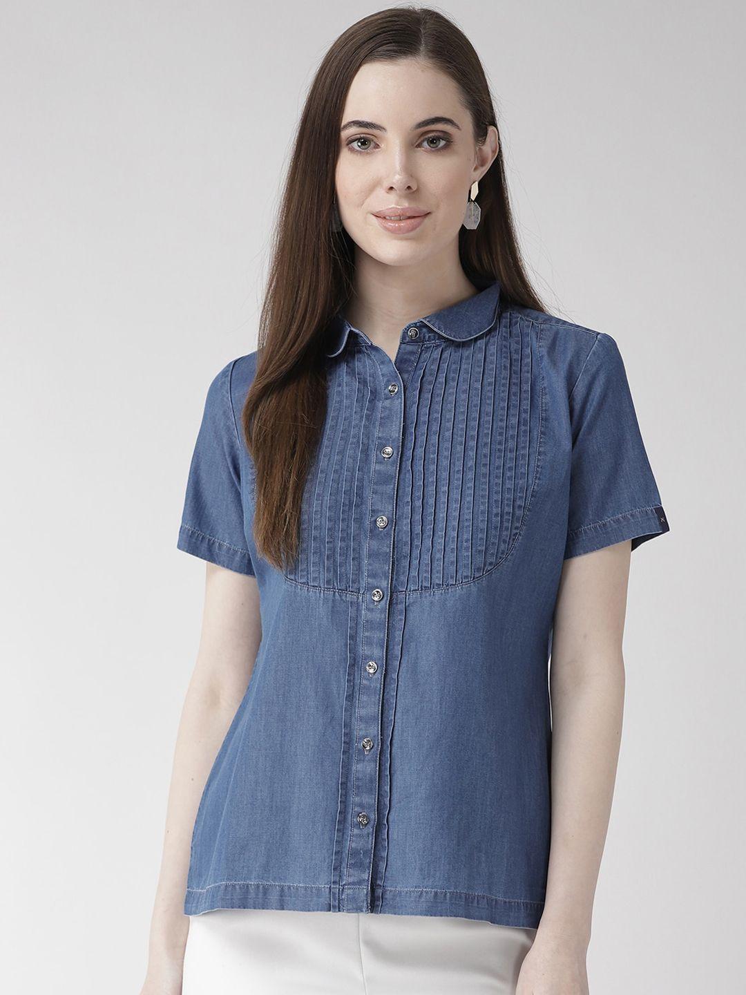 xpose-women-blue-regular-fit-solid-denim-casual-shirt