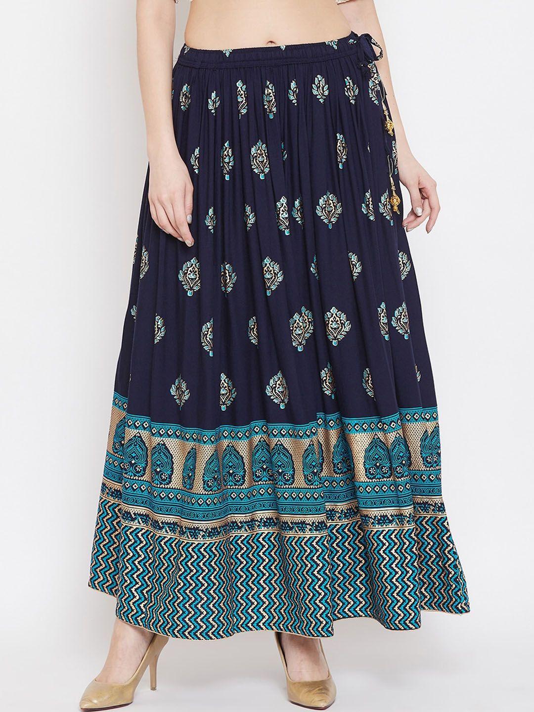 clora-creation-women-navy-blue-&-gold-coloured-printed-flared-maxi-skirt