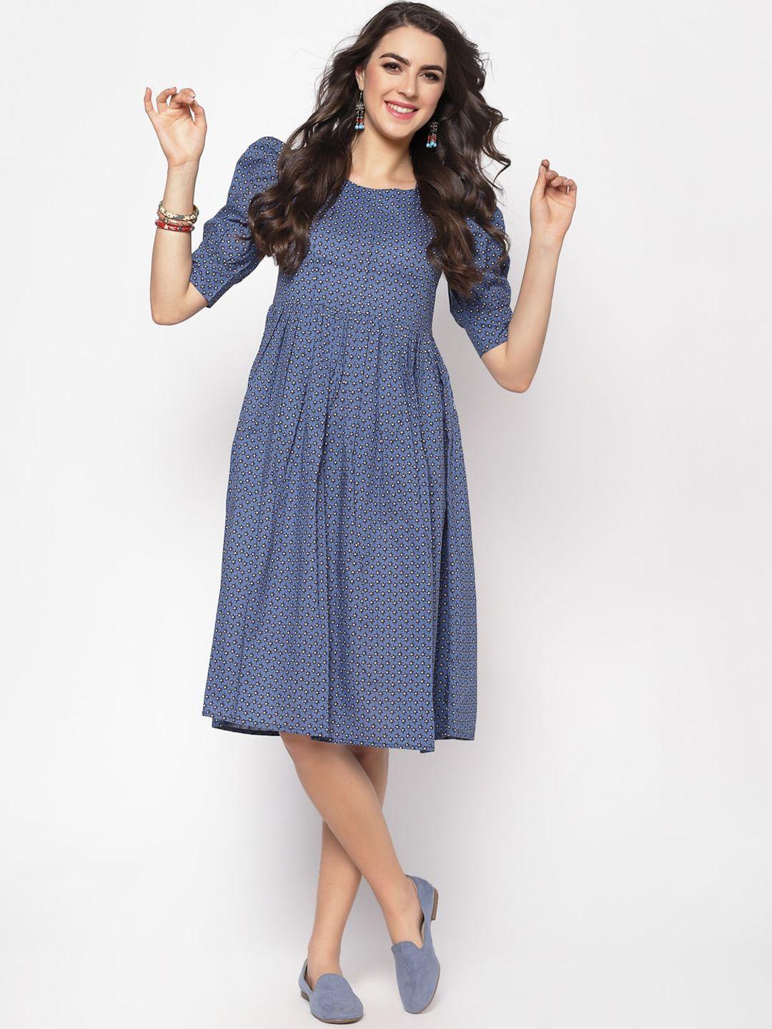 sera-women-navy-blue-printed-a-line-dress