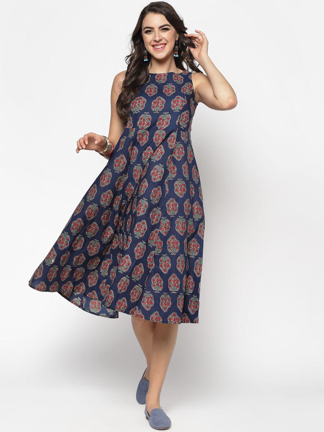 sera-women-navy-blue-&-red-printed-fit-and-flare-dress