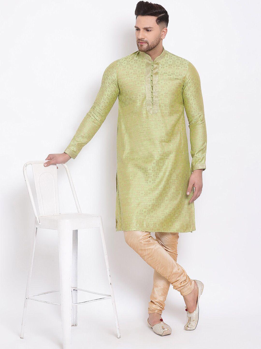 sanwara-men-green-&-beige-solid-kurta-with-churidar